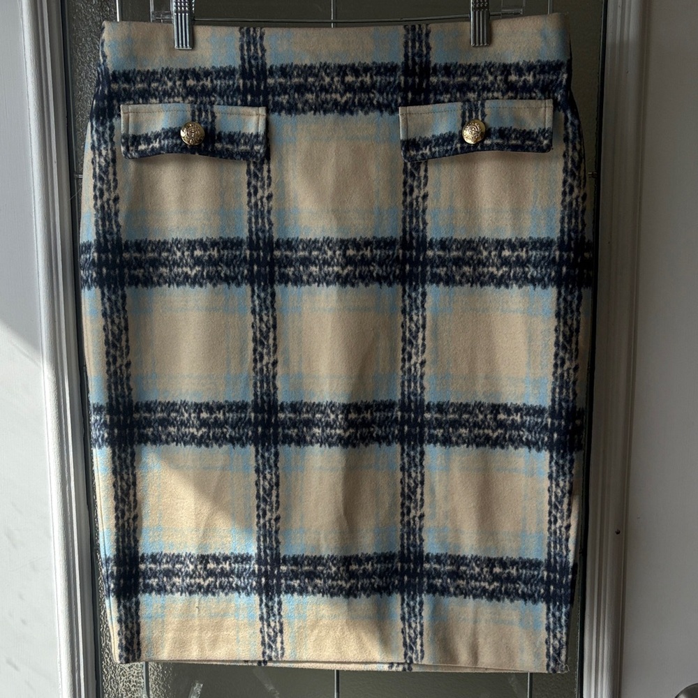 Wren Beige and Navy Plaid Pencil Skirt